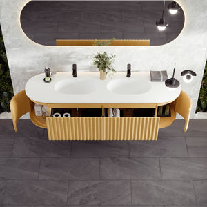 Haven 71 in. Natural Oak Wall Mount Double Sink  Bath Vanity with Solid Surface Top and Integrated Sinks
