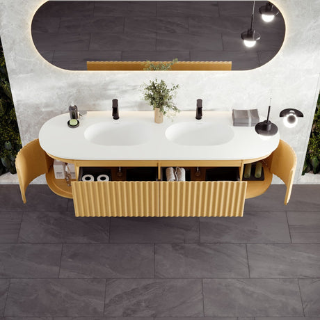 Haven 71 in. Natural Oak Wall Mount Double Sink  Bath Vanity with Solid Surface Top and Integrated Sinks