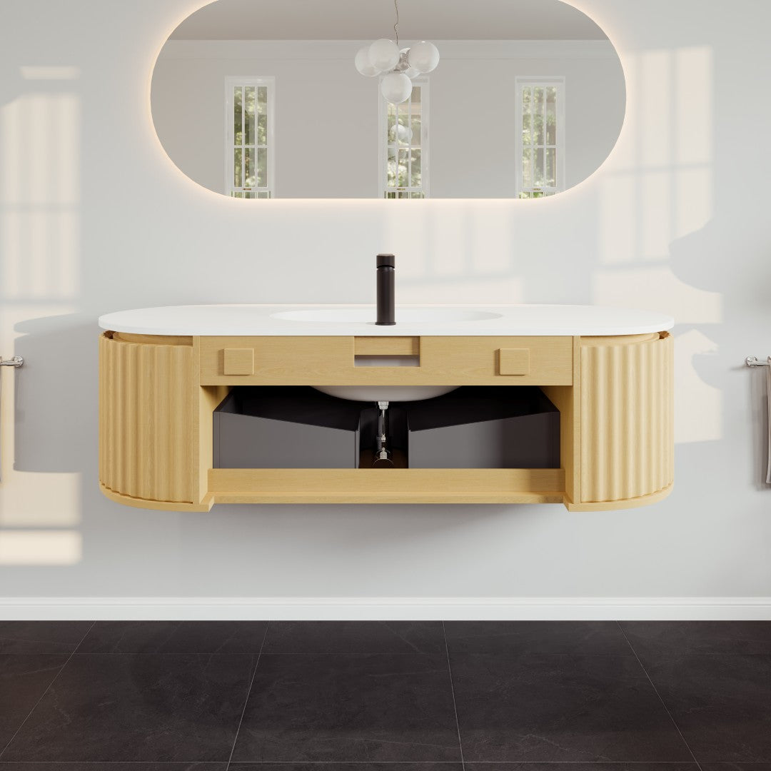 Haven 55 in. Natural Oak Wall Mount Single Sink Bath Vanity with Solid Surface Top and Integrated Sink