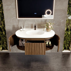 Haven 39 in. Medium Oak Wall Mount Single Sink Bath Vanity with Solid Surface Top and Integrated Sink