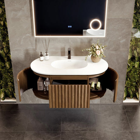 Haven 39 in. Medium Oak Wall Mount Single Sink Bath Vanity with Solid Surface Top and Integrated Sink