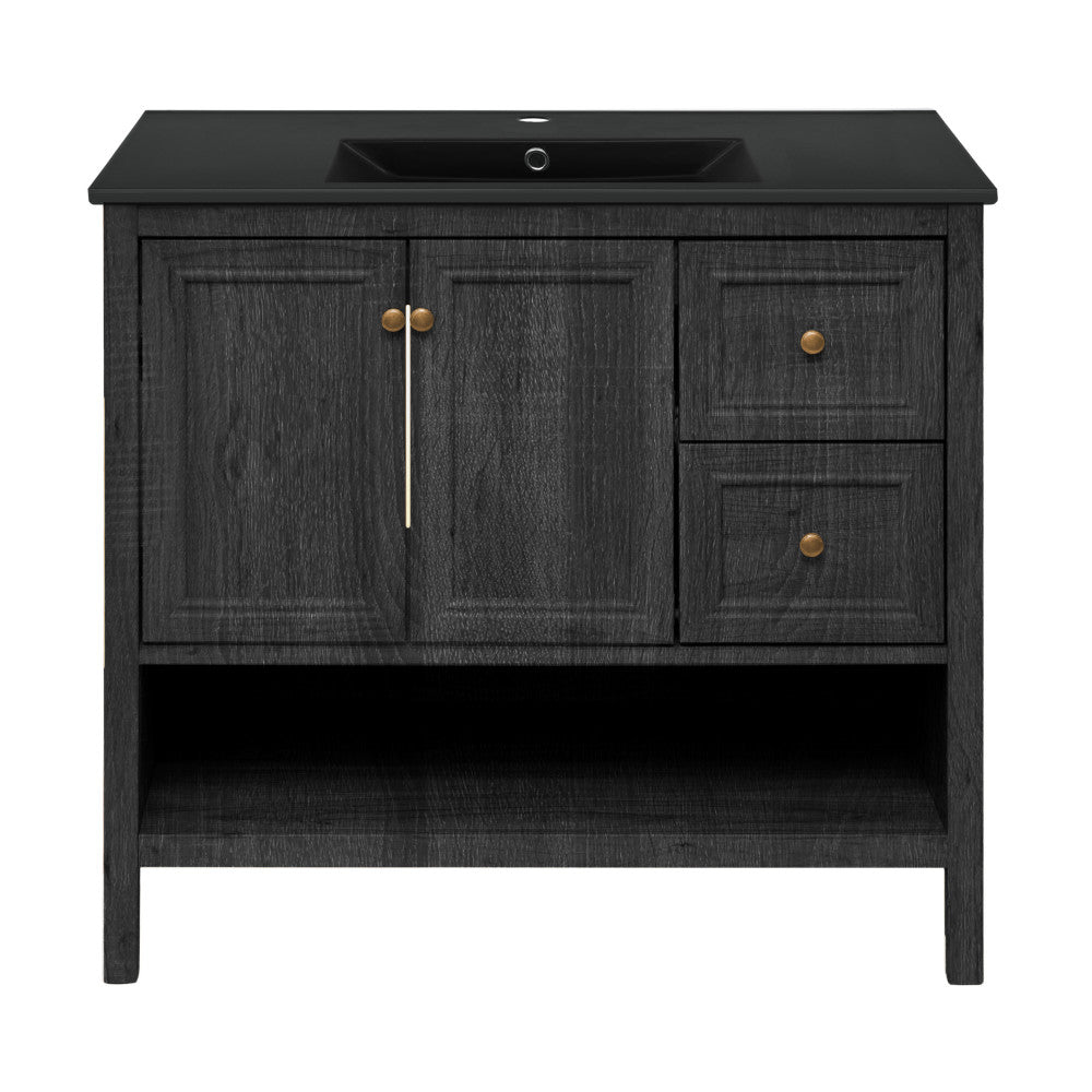 Château 36" Freestanding Bathroom Vanity in Black Oak with Black Sink Top