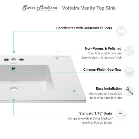 Voltaire 31 Vanity Top Sink with 3 Centerset Faucet Holes