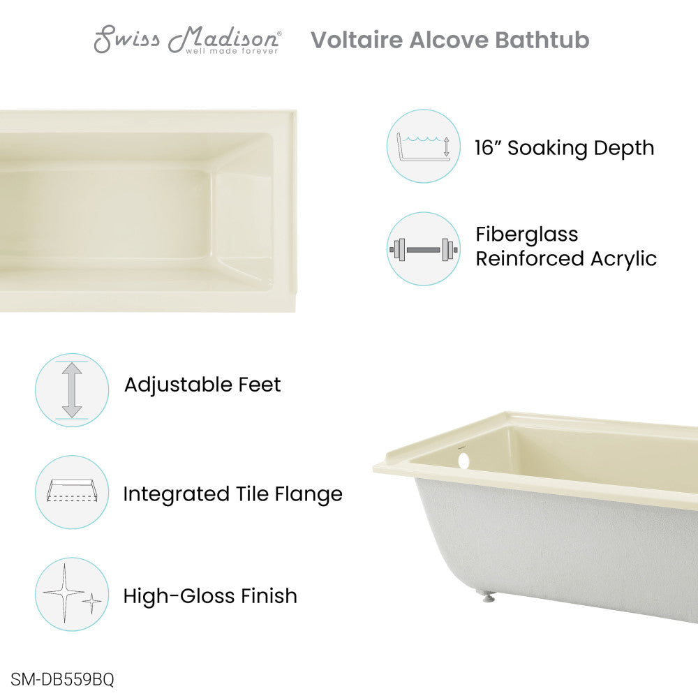 Voltaire 60" X 30" Left-Hand Drain Alcove Bathtub in Bisque