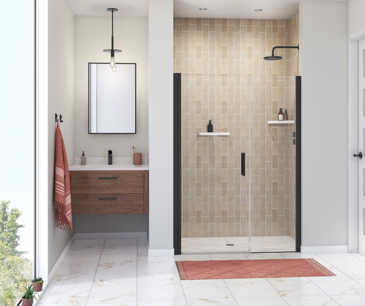 MAAX 138272-900-340-100 Manhattan 47-49 x 68 in. 6 mm Pivot Shower Door for Alcove Installation with Clear glass & Round Handle in Matte Black