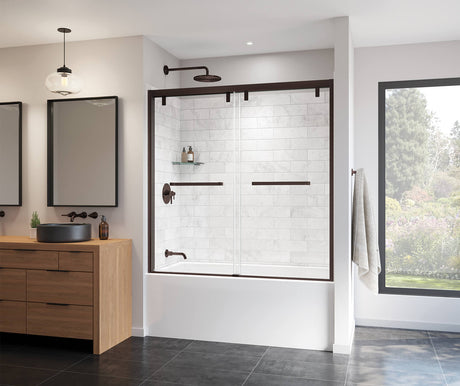MAAX 135320-900-173-000 Uptown 56-59 x 58 in. 8 mm Bypass Tub Door for Alcove Installation with Clear glass in Dark Bronze