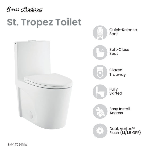 St. Tropez One-Piece Elongated Toilet Vortex Dual-Flush in Matte White 1.1/1.6 gpf