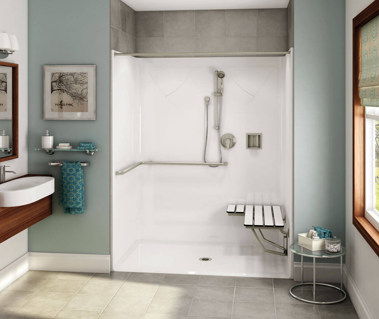 Aker OPS-6036 AcrylX Alcove Center Drain One-Piece Shower in Thunder Grey - ADA Compliant (with Seat)