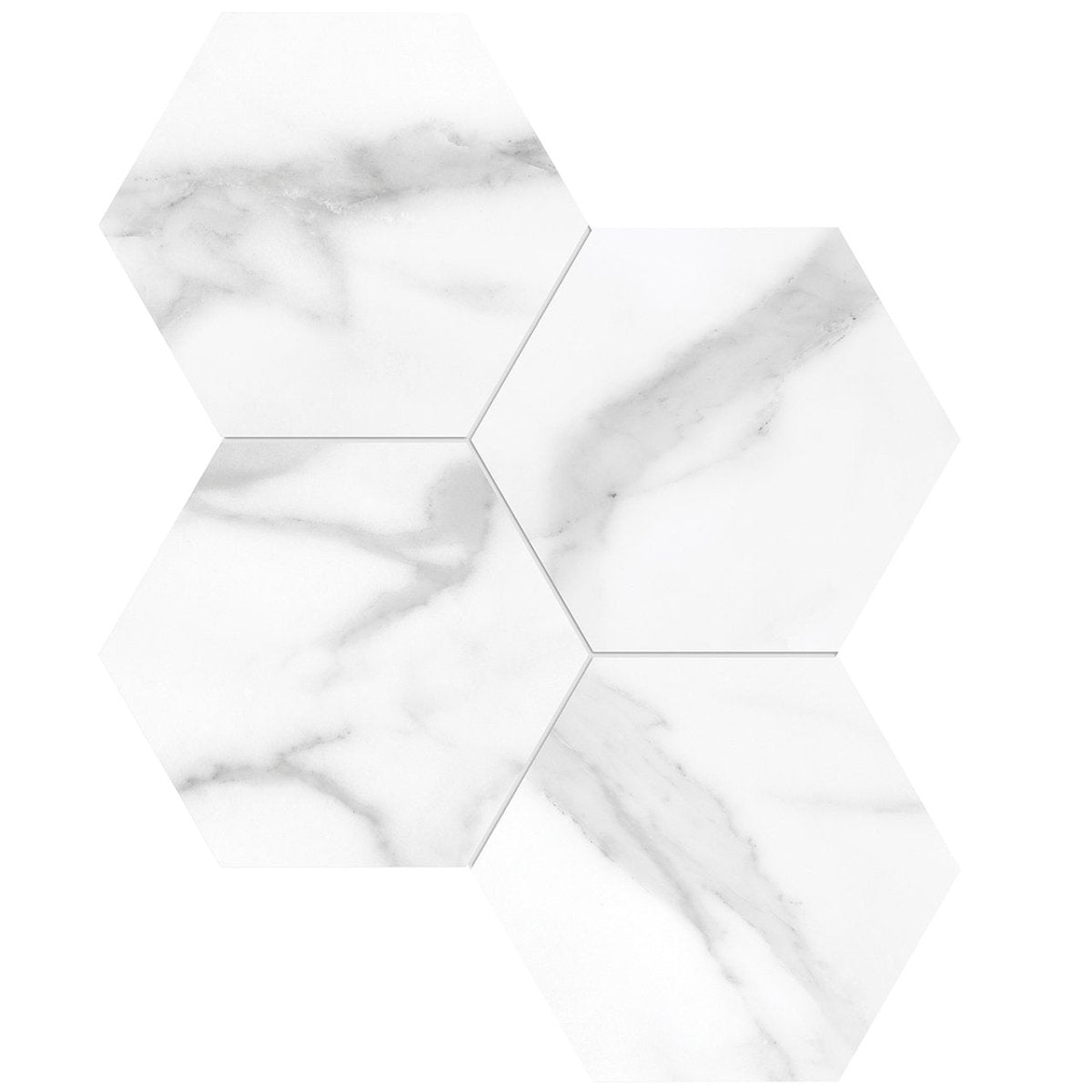 Anatolia Tile 6" Hexagon La Marca Statuario Polished & Rectified Porcelain Mosaic - 1 Sheet = .797 - 4501-0329-0" Statuario Nuovo 6" Hexagon Polished - premium natural stone mosaic tile from Anatolia Tile, available at PoshHaus showroom in Keene, NH