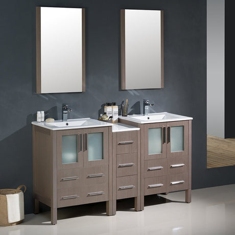 Fresca FVN62-241224GO-UNS Fresca Torino 60" Gray Oak Modern Double Sink Bathroom Vanity w/ Side Cabinet & Integrated Sinks