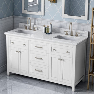 Jeffrey Alexander VKITCHA60WHWCR 60" White Chatham Vanity, double bowl, White Carrara Marble Vanity Top, two undermount rectangle bowls