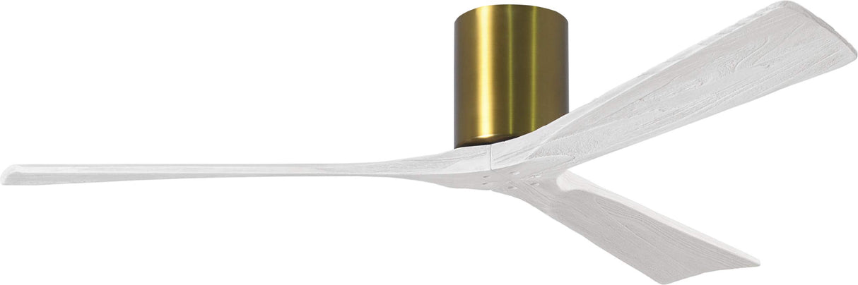 Matthews Fan IR3H-BRBR-MWH-60 Irene-3H three-blade flush mount paddle fan in Brushed Brass finish with 60” solid matte white wood blades. 