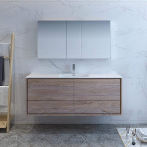 Fresca FVN9260RNW-S Fresca Catania 60" Rustic Natural Wood Wall Hung Single Sink Modern Bathroom Vanity w/ Medicine Cabinet