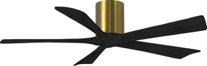 Matthews Fan IR5H-BRBR-BK-52 Irene-5H five-blade flush mount paddle fan in Brushed Brass finish with 52” solid matte black wood blades. 