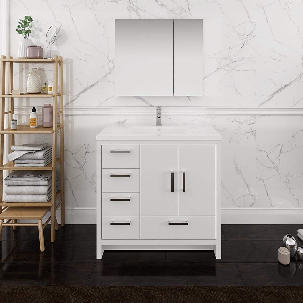 Fresca FVN9436WH-L Fresca Imperia 36" Glossy White Free Standing Modern Bathroom Vanity w/ Medicine Cabinet- Left Version