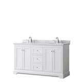 Avery 60 Inch Double Bathroom Vanity in White White Carrara Marble Countertop Undermount Oval Sinks and No Mirror