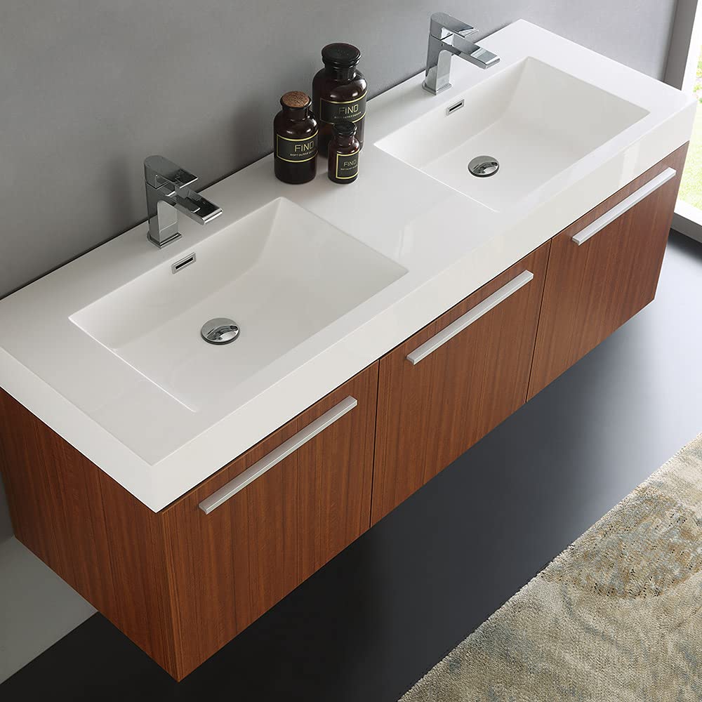 Fresca FCB8093TK-D-I Fresca Vista 60" Teak Wall Hung Double Sink Modern Bathroom Cabinet w/ Integrated Sink