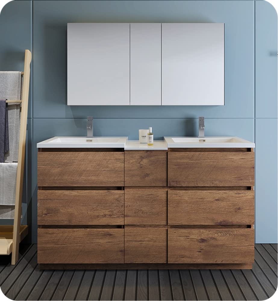Fresca FCB93-241224RW-D-I Fresca Lazzaro 60" Rosewood Free Standing Double Sink Modern Bathroom Cabinet w/ Integrated Sinks