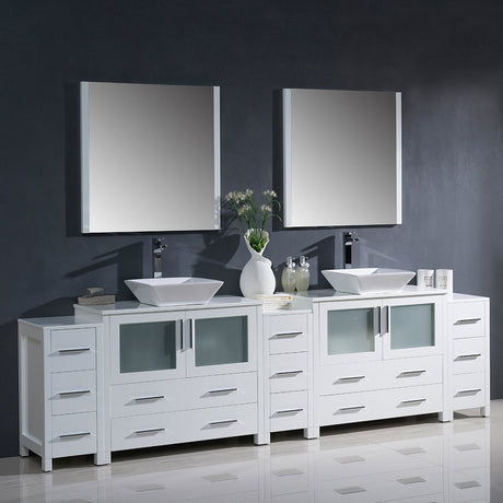 Fresca FVN62-108WH-VSL Fresca Torino 108" White Modern Double Sink Bathroom Vanity w/ 3 Side Cabinets & Vessel Sinks