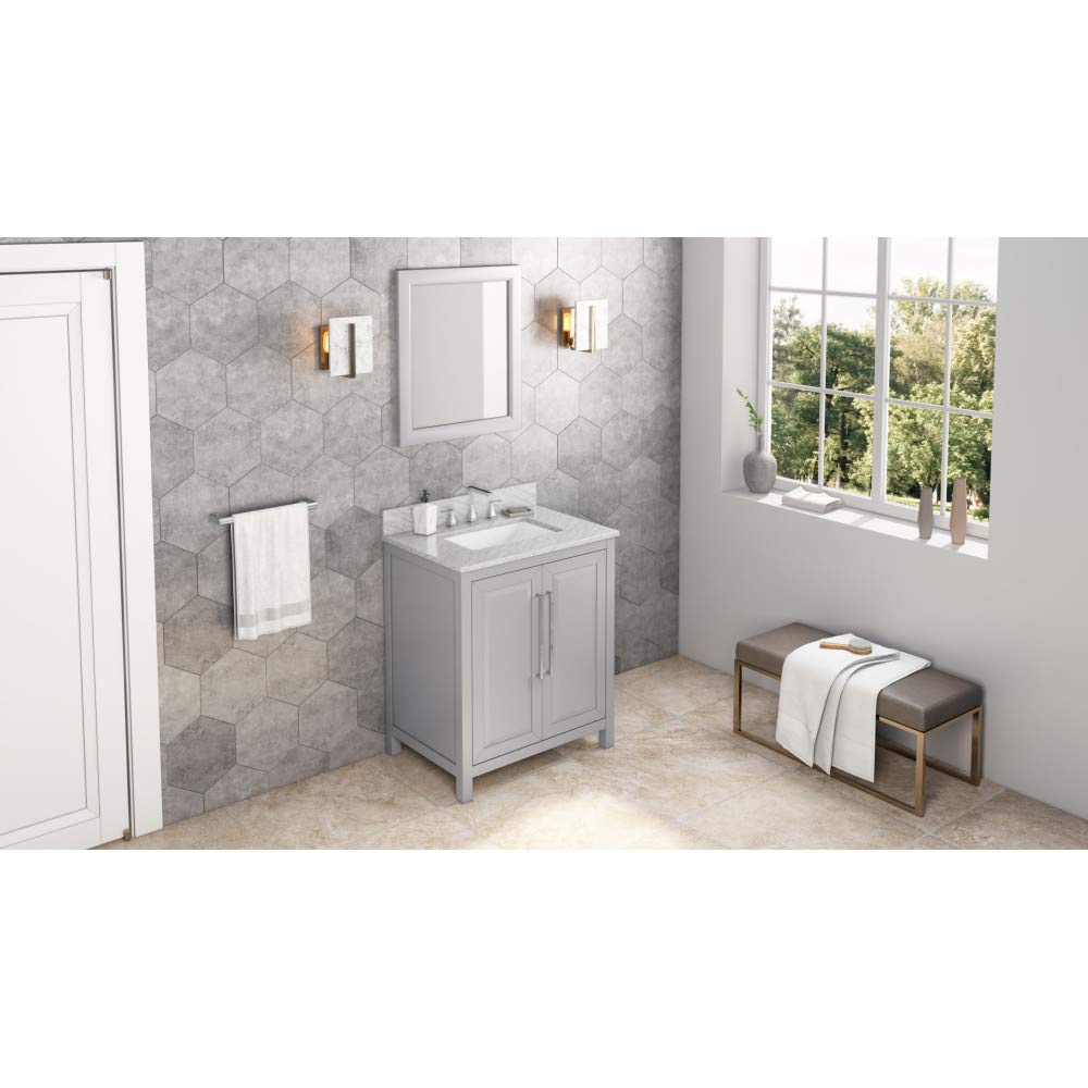 Jeffrey Alexander VKITCAD30GRWCR 30" Grey Cade Vanity, White Carrara Marble Vanity Top, undermount rectangle bowl