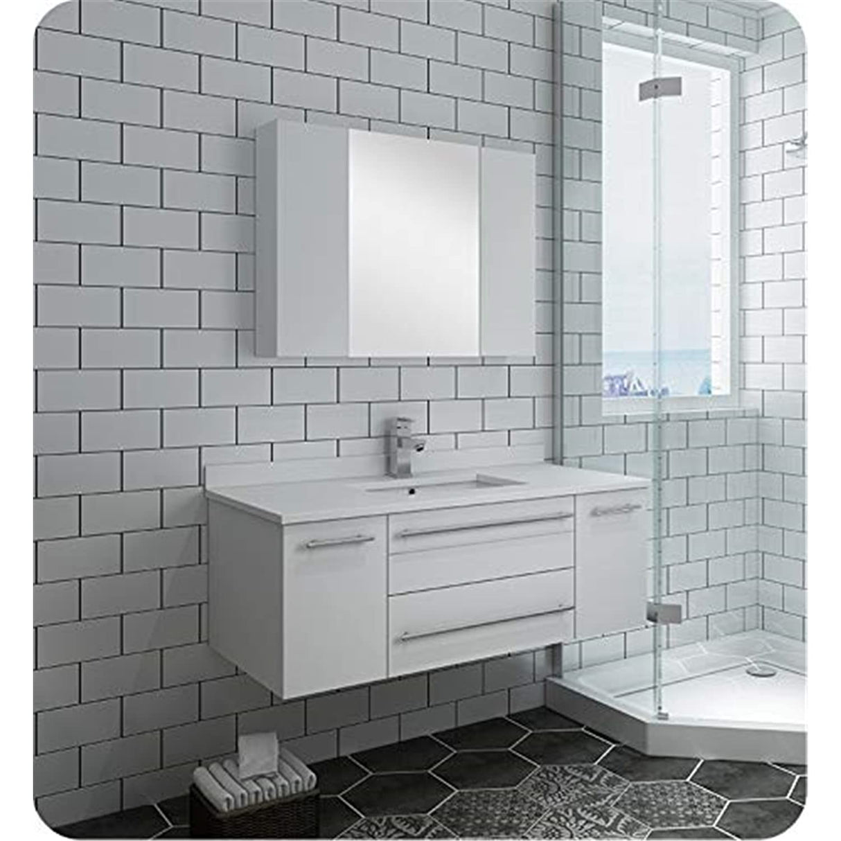 Fresca FVN6142WH-UNS Fresca Lucera 42" White Wall Hung Undermount Sink Modern Bathroom Vanity w/ Medicine Cabinet