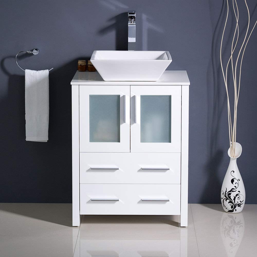 Fresca FCB6224WH-CWH-V Fresca Torino 24" White Modern Bathroom Cabinet w/ Top & Vessel Sink