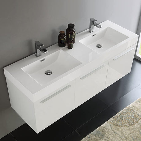 Fresca FCB8093WH-D Fresca Vista 60" White Wall Hung Double Sink Modern Bathroom Cabinet