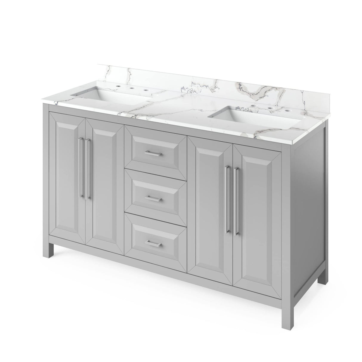 Jeffrey Alexander VKITCAD60WHBOR 60" White Cade Vanity, double bowl, Boulder Cultured Marble Vanity Top, undermount rectangle bowl