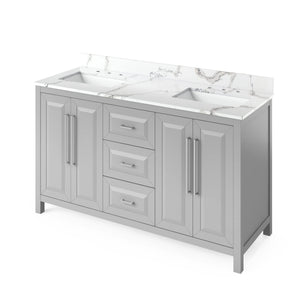 Jeffrey Alexander VKITCAD60WHBOR 60" White Cade Vanity, double bowl, Boulder Cultured Marble Vanity Top, undermount rectangle bowl