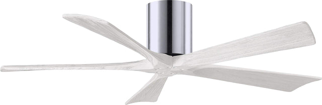 Matthews Fan IR5H-CR-MWH-52 Irene-5H five-blade flush mount paddle fan in Polished Chrome finish with 52” solid matte white wood blades. 