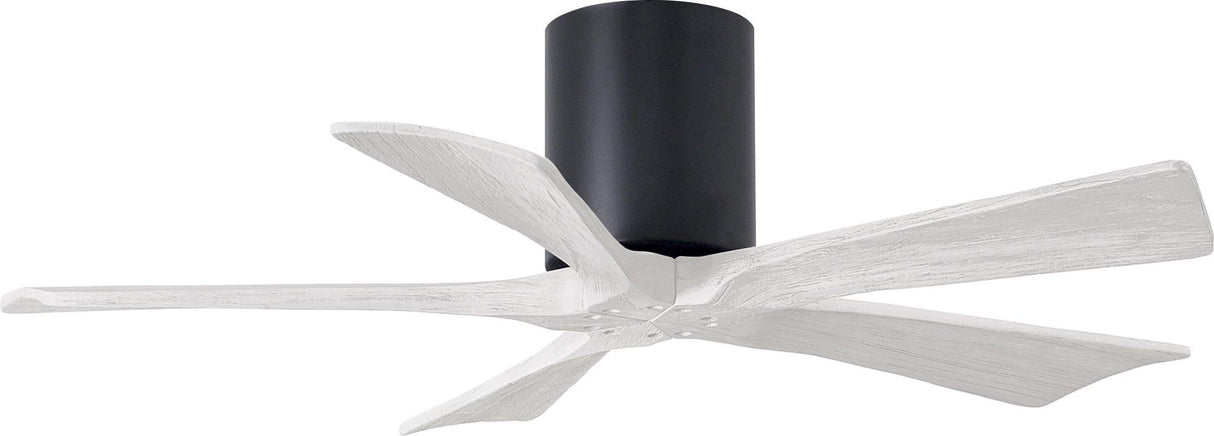 Matthews Fan IR5H-BK-MWH-42 Irene-5H five-blade flush mount paddle fan in Matte Black finish with 42” solid matte white wood blades. 