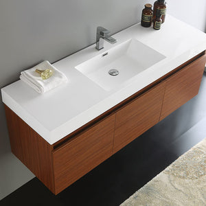 Fresca FCB8041BW-I Fresca Mezzo 60" Black Wall Hung Single Sink Modern Bathroom Cabinet w/ Integrated Sink