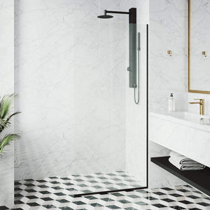 VIGO Zenith Fixed Glass Shower Wall Panels | Frameless Tempered Shower Glass Panel for Open Walk-in Bathroom (3" L x 34.125" W x 74" H) | Clear Glass Shower Panel with Matte Black Hardware Finish