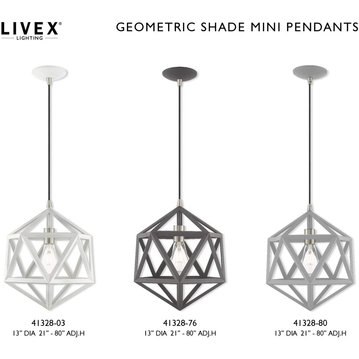 Livex Lighting 41328-03 Geometric Shade - 13" One Light Mini Pendant, White Finish with White Metal Shade