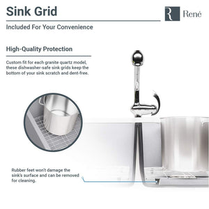 R3-1002-IVR-ST-CGF Ivory Equal Double Bowl Quartz Kitchen Sink with Two Grids and Matching Colored Strainer and Flange