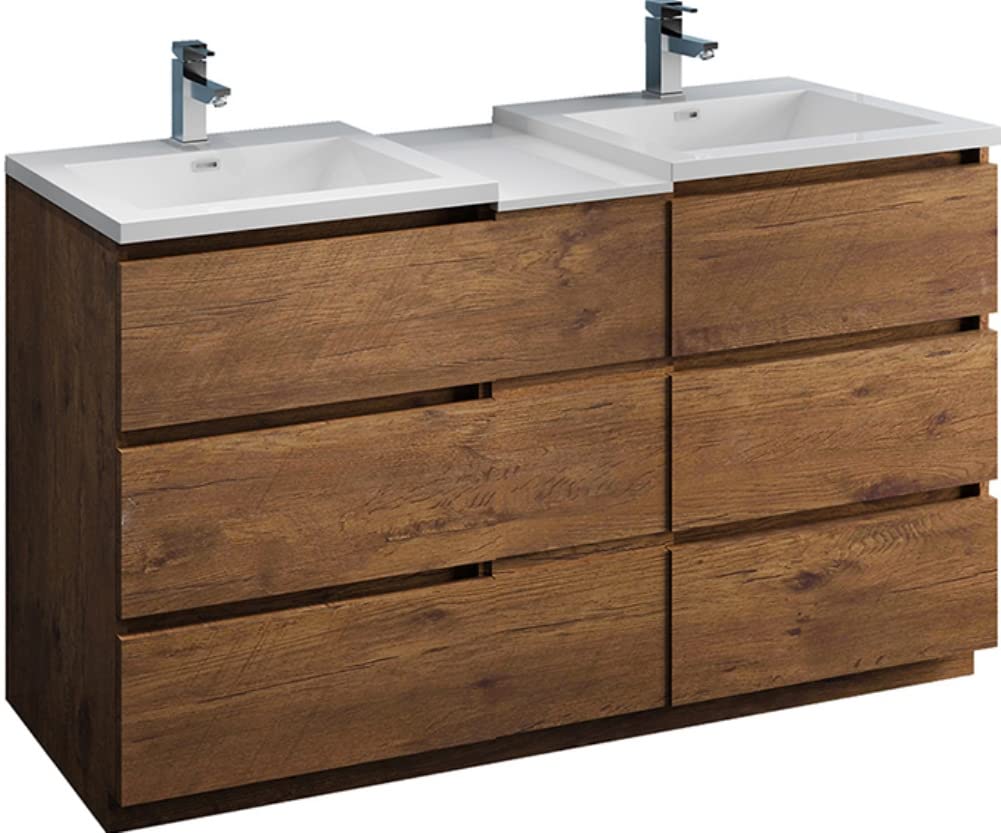 Fresca FCB93-241224RW-D-I Fresca Lazzaro 60" Rosewood Free Standing Double Sink Modern Bathroom Cabinet w/ Integrated Sinks