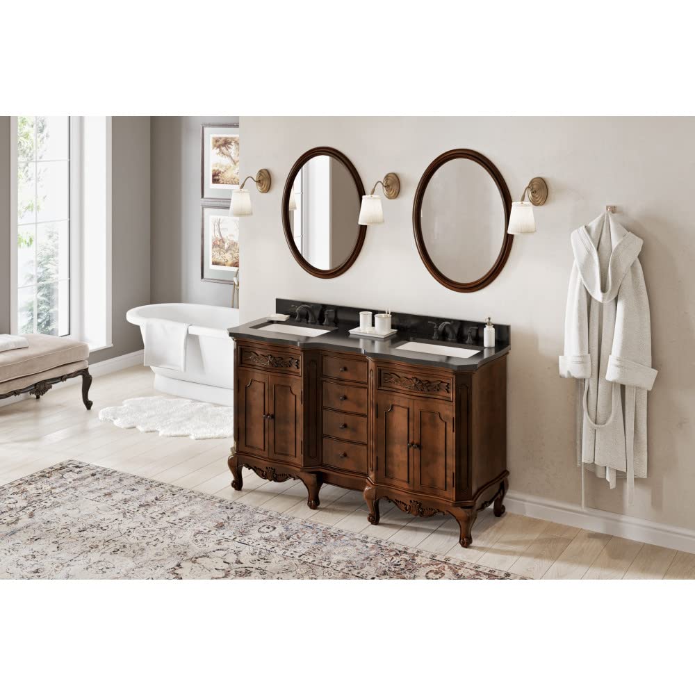 Jeffrey Alexander VKITCLA60NUBGR 60" Nutmeg Clairemont Vanity, double bowl, Clairemont-only Black Granite Vanity Top, two undermount rectangle bowls