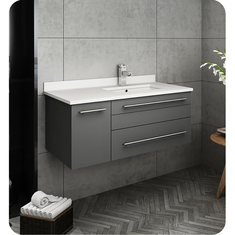 Fresca FCB6136WH-UNS-R-CWH-U Fresca Lucera 36" White Wall Hung Modern Bathroom Cabinet w/ Top & Undermount Sink - Right Version