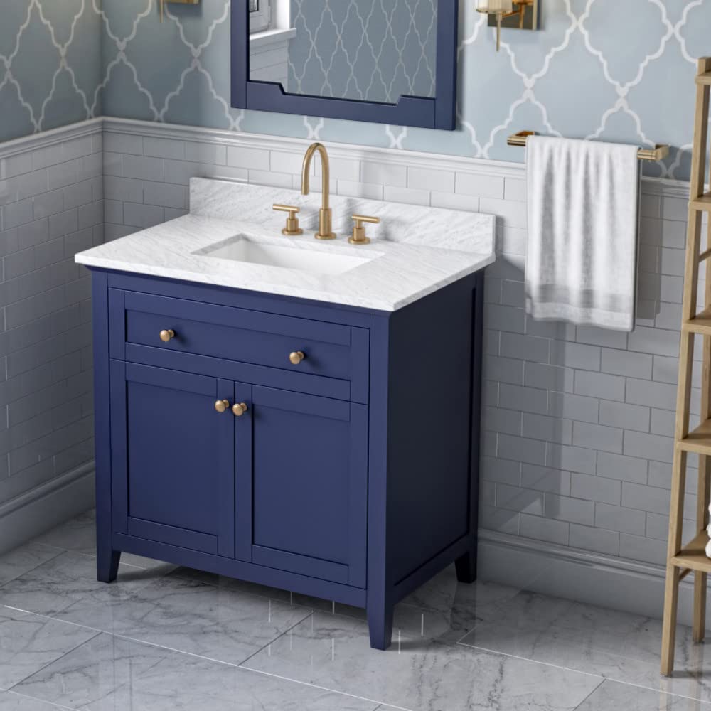 Jeffrey Alexander VKITCHA36BLWCR 36" Hale Blue Chatham Vanity, White Carrara Marble Vanity Top, undermount rectangle bowl