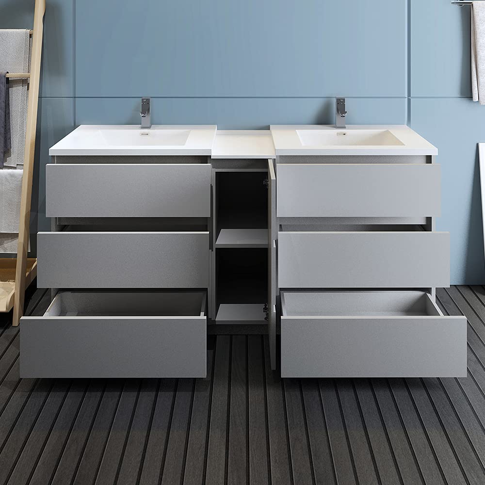 Fresca FCB93-301230HA-D-I Fresca Lazzaro 72" Glossy Ash Gray Free Standing Double Sink Modern Bathroom Cabinet w/ Integrated Sinks