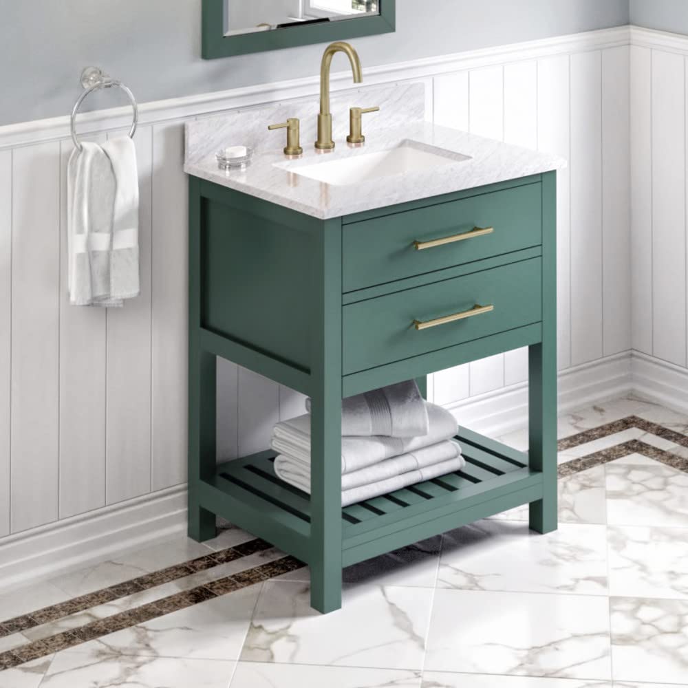 Jeffrey Alexander VKITWAV30GNWCR 30" Forest Green Wavecrest Vanity, White Carrara Marble Vanity Top, undermount rectangle bowl