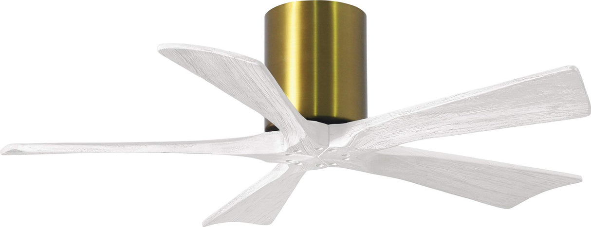 Matthews Fan IR5H-BRBR-MWH-42 Irene-5H five-blade flush mount paddle fan in Brushed Brass finish with 42” solid matte white wood blades. 