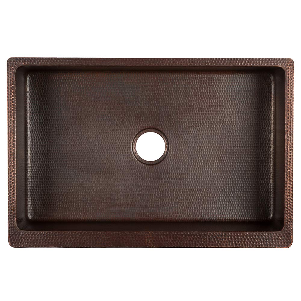 Premier Copper Products KASDB33229S 33-Inch Hammered Copper Kitchen Apron Single Basin Sink with Scroll Design, Oil Rubbed Bronze