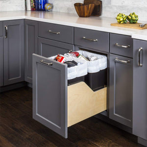 Hardware Resources CDM-WBMD35WH Double 35 Quart Wood Bottom-Mount Soft-close Trashcan Pullout for Door Mounting, Includes Two White Cans