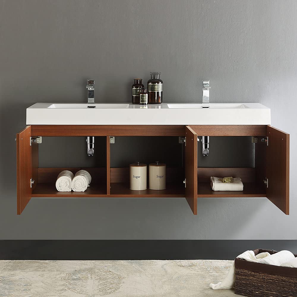 Fresca FCB8093TK-D-I Fresca Vista 60" Teak Wall Hung Double Sink Modern Bathroom Cabinet w/ Integrated Sink