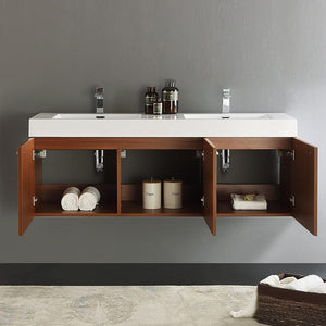 Fresca FCB8093TK-D-I Fresca Vista 60" Teak Wall Hung Double Sink Modern Bathroom Cabinet w/ Integrated Sink