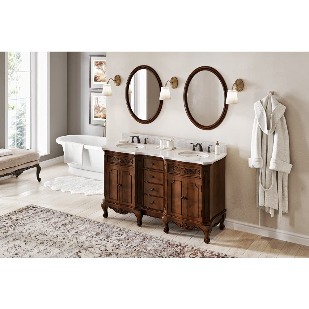 Jeffrey Alexander VKITCLA60NUWCO 60" Nutmeg Clairemont Vanity, double bowl, Clairemont-only White Carrara Marble Vanity Top, two undermount oval bowls