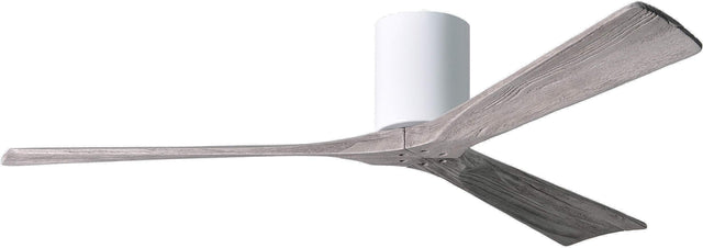 Matthews Fan IR3H-WH-BW-60 Irene-3H three-blade flush mount paddle fan in Gloss White finish with 60” solid barn wood tone blades. 