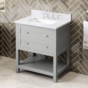 Jeffrey Alexander VKITAST30GRWCR 30" Grey Astoria Vanity, White Carrara Marble Vanity Top, undermount rectangle bowl