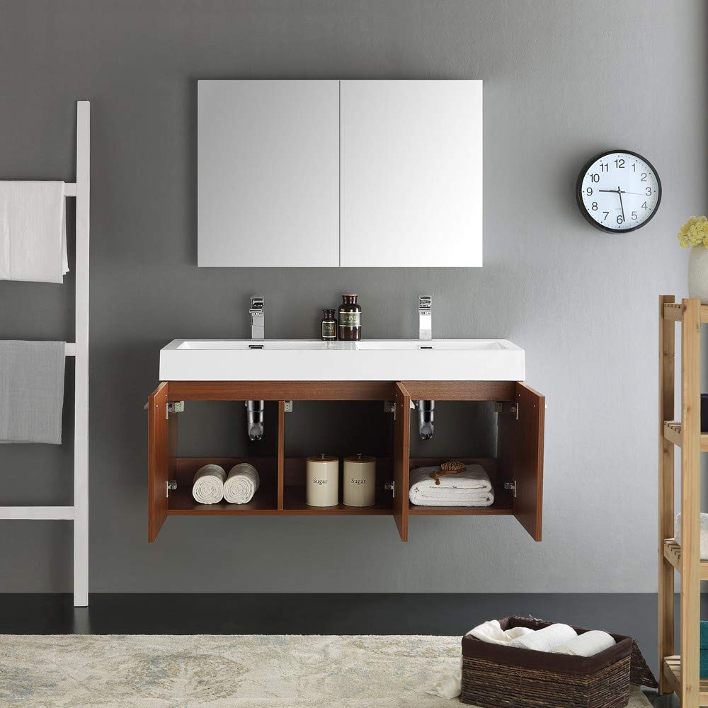 Fresca FVN8092TK-D Fresca Vista 48" Teak Wall Hung Double Sink Modern Bathroom Vanity w/ Medicine Cabinet